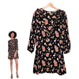 Zara Black Floral Long Sleeve Mini Dress Size XS Summer Feminine Casual Dress